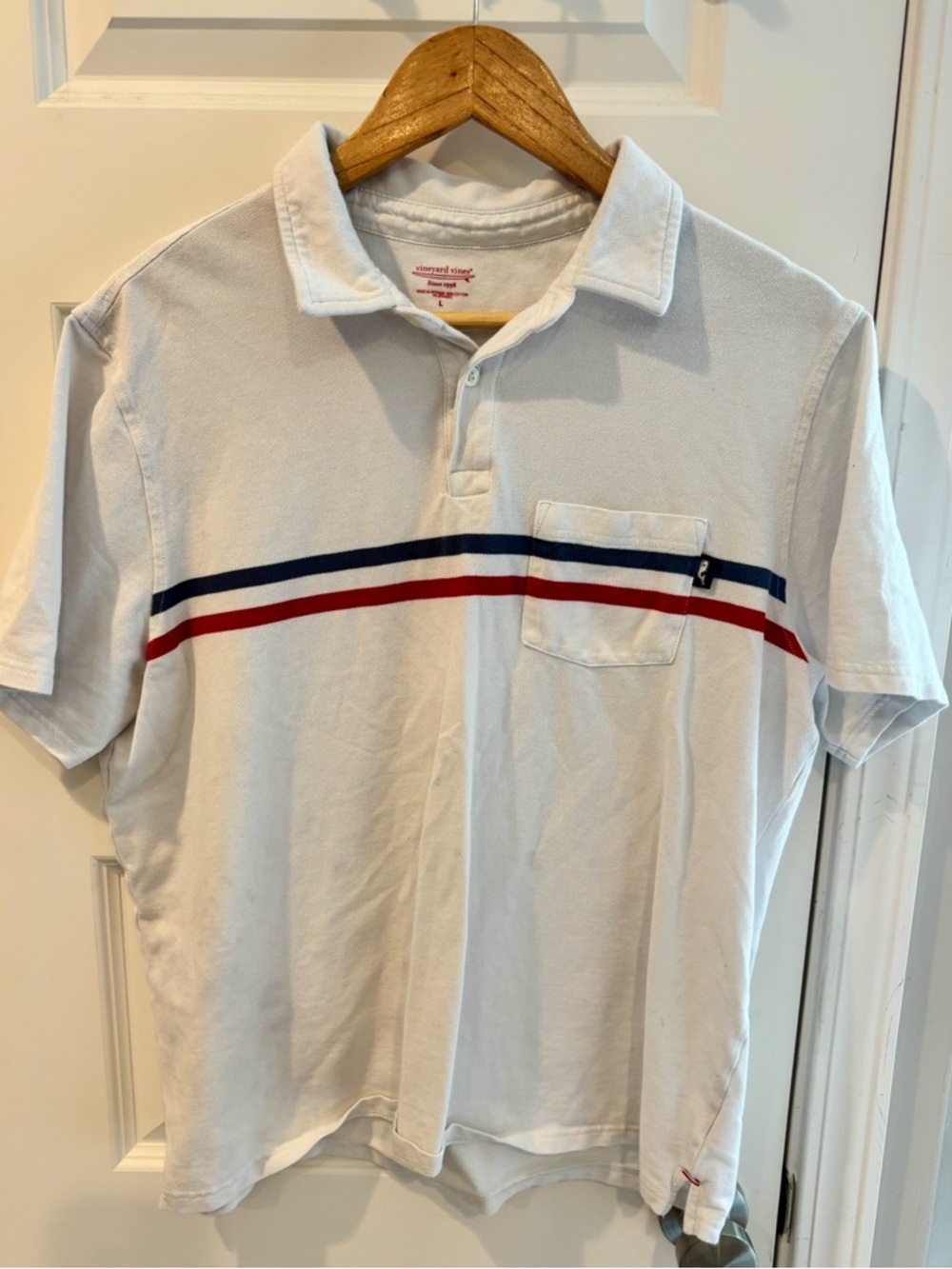 Vineyard Vines White Polo with Navy & Red Stripes